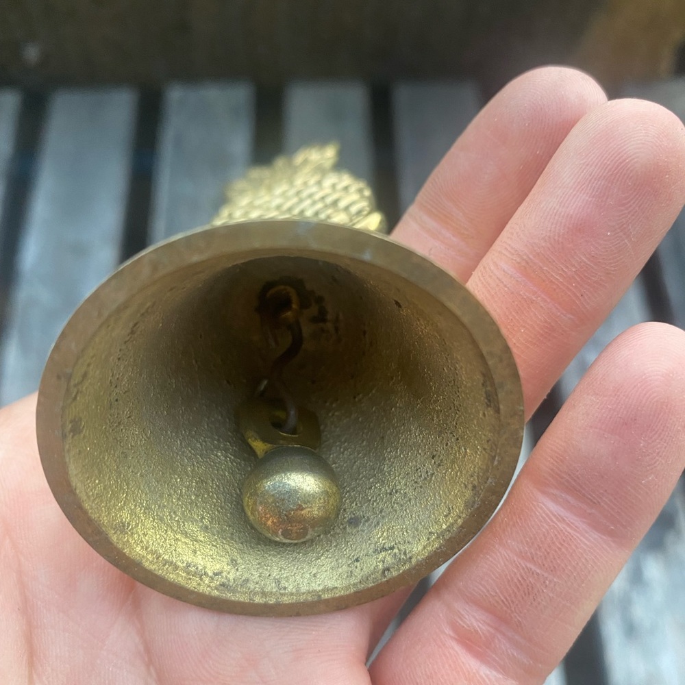Vintage Brass Pineapple Topped Hand Bell Small Dinner School Natural Patina